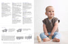A smiling baby sits on the floor wearing a knitted brown and blue vest and light blue pants. The background includes knitting instructions and diagrams.