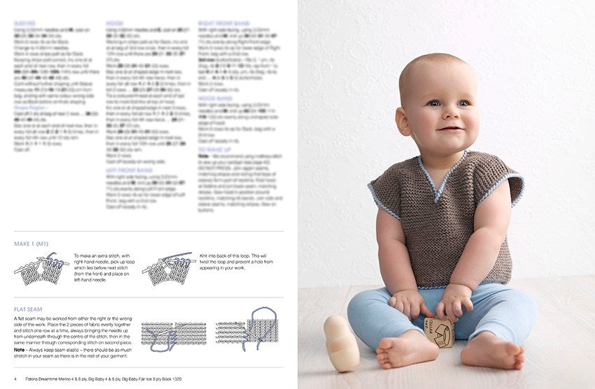 A smiling baby sits on the floor wearing a knitted brown and blue vest and light blue pants. The background includes knitting instructions and diagrams.