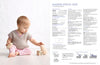 A baby in a knitted vest and polka dot leggings plays with wooden toys on a light wood floor. Next to the baby is a knitting pattern titled "Garter Stitch Vest."