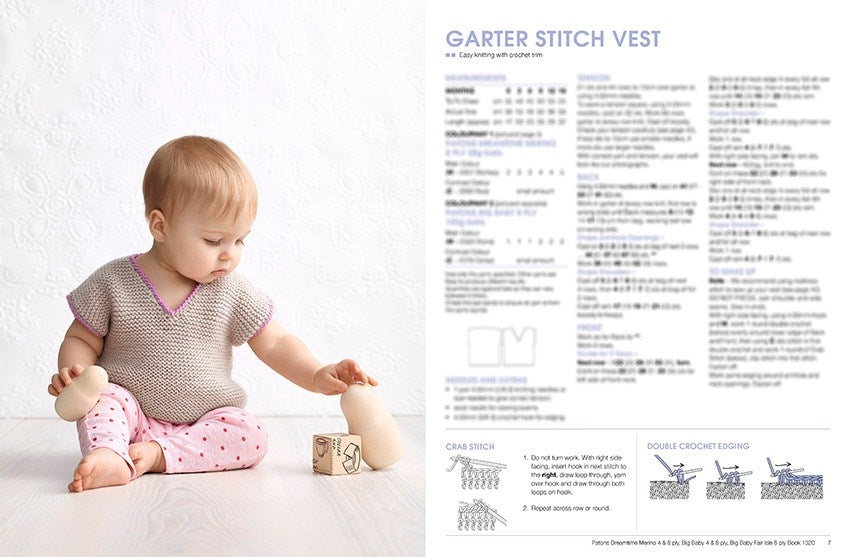 A baby in a knitted vest and polka dot leggings plays with wooden toys on a light wood floor. Next to the baby is a knitting pattern titled "Garter Stitch Vest."