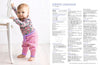 A baby in a floral top and pink striped leggings leans on a white chair, showing curiosity. The right side has the text "Striped Leggings" with knitting instructions.
