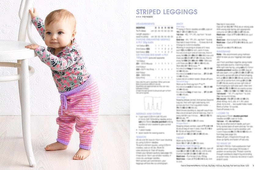 A baby in a floral top and pink striped leggings leans on a white chair, showing curiosity. The right side has the text "Striped Leggings" with knitting instructions.