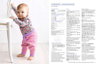 A baby in a floral top and pink striped leggings leans on a white chair, showing curiosity. The right side has the text "Striped Leggings" with knitting instructions.
