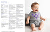 Baby in a smiling pose wearing a gray knitted romper with purple patterns. Text on the left details knitting patterns and instructions for rompers. Bright, cheerful tone.