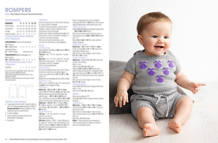 Baby in a smiling pose wearing a gray knitted romper with purple patterns. Text on the left details knitting patterns and instructions for rompers. Bright, cheerful tone.