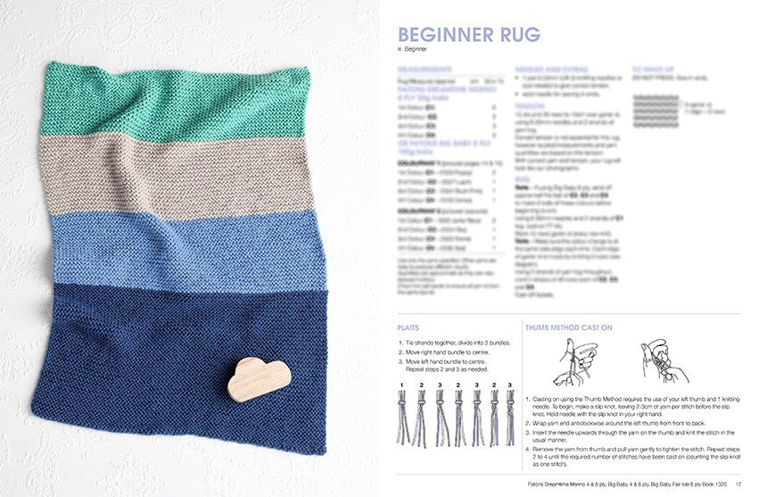 Knitted rug with stripes in teal, tan, light blue, and dark blue on left. Wood heart shape on rug. Right side shows blurred instructions titled "Beginner Rug."