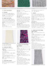 Overview of knitting patterns showcasing cuff and leg options. Top row has multicolored rib, green basket slip stitch, and gray cabled cuffs. Bottom includes plain ivory, multicolored slip stitch, and gray cabled leg designs with accompanying pattern text.