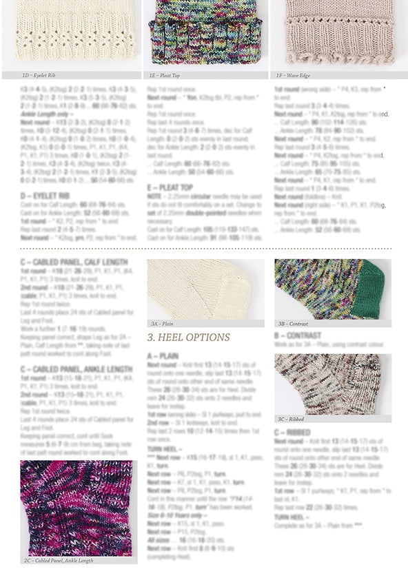 Knitting pattern page featuring three textured sock cuffs and three heel options. Cuff styles: Eyelet Rib, Pleat Top, Wave Edge. Heel styles: Plain, Contrast, Ribbed. Vibrant yarns used.