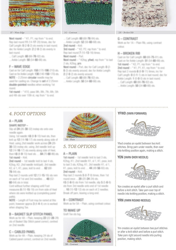 Knitting pattern image with colorful swatches, hats, and illustrations. Includes sections on foot and toe options, and yarn techniques. Bright, creative tone.