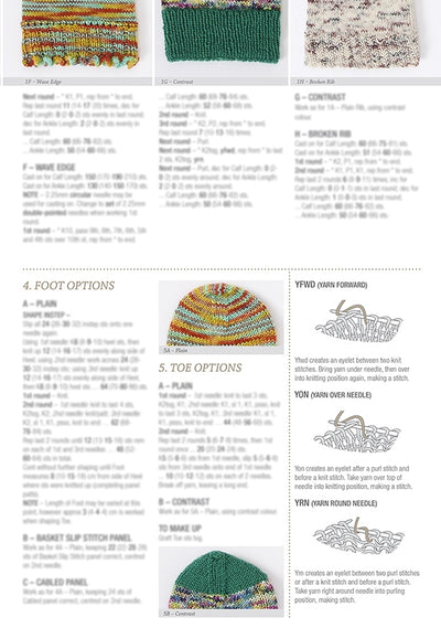 Knitting pattern image with colorful swatches, hats, and illustrations. Includes sections on foot and toe options, and yarn techniques. Bright, creative tone.