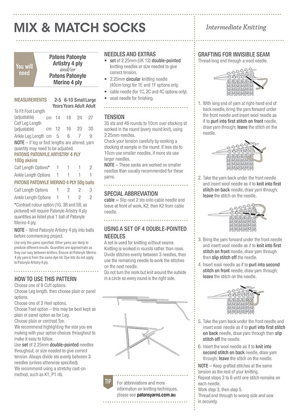 Knitting pattern for Mix & Match Socks. Contains intermediate instructions, materials list, measurements, needle types, and seam grafting illustrations. Images show knitting needles and stitching techniques. Structured layout with sections for tension, abbreviations, and double-pointed needle use. Informative and detailed for knitting enthusiasts.