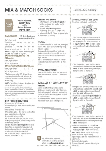 Knitting pattern for Mix & Match Socks. Contains intermediate instructions, materials list, measurements, needle types, and seam grafting illustrations. Images show knitting needles and stitching techniques. Structured layout with sections for tension, abbreviations, and double-pointed needle use. Informative and detailed for knitting enthusiasts.