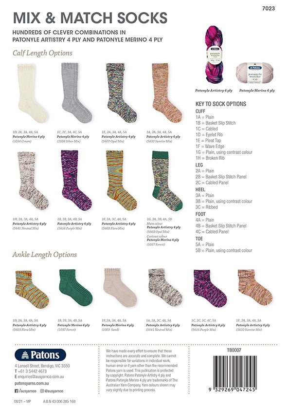 A collection of "Mix & Match Socks" in Patonyle yarns, showcasing calf and ankle length options in various colors and patterns, such as basket slip stitch and eyelet rib. The color palette includes neutrals, greens, purples, and oranges. Descriptions and a key to sock options, indicating cuff, leg, and heel variations, are included. Yarn samples are shown at the top right. The tone conveys variety and creativity in sock knitting.