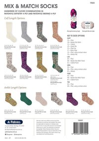 A collection of "Mix & Match Socks" in Patonyle yarns, showcasing calf and ankle length options in various colors and patterns, such as basket slip stitch and eyelet rib. The color palette includes neutrals, greens, purples, and oranges. Descriptions and a key to sock options, indicating cuff, leg, and heel variations, are included. Yarn samples are shown at the top right. The tone conveys variety and creativity in sock knitting.