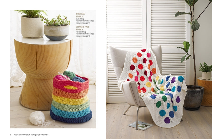 Cozy room with a knit rainbow basket on a wooden stool and yarn. Beside, a white chair holds a colorful polka dot blanket, conveying warmth.
