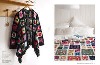 A colorful granny square cardigan hangs on a wooden peg, beside a bed adorned with a matching patchwork blanket. The scene feels cozy and inviting.