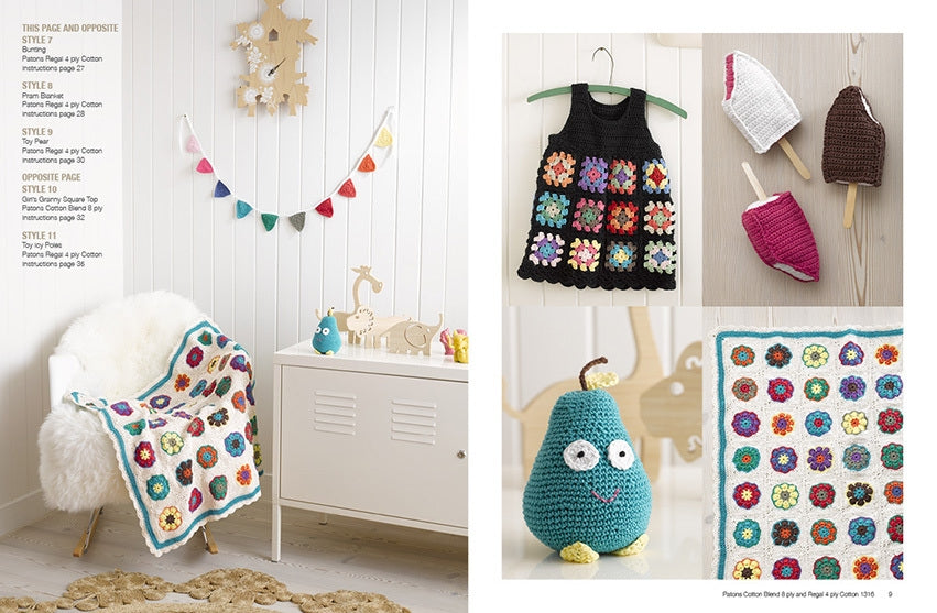 Cozy room with a fluffy chair draped with a colorful crocheted blanket featuring floral designs. Nearby, a cute knitted pear toy sits on a cabinet. A child's dress with multicolored crochet flower squares hangs on the wall. Crochet ice cream toys add a playful touch. The tone is warm and charming.