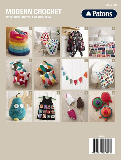 Cover of "Modern Crochet" by Patons, featuring 12 colorful crochet designs including baskets, blankets, and toys in various vibrant geometric patterns.
