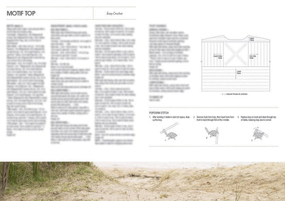 Crochet pattern layout featuring written instructions for a 'Motif Top,' a diagram of the top design, and illustrated steps for the popcorn stitch. The tone is instructional and focused. The background includes a subtle beach scene with sand and plants.