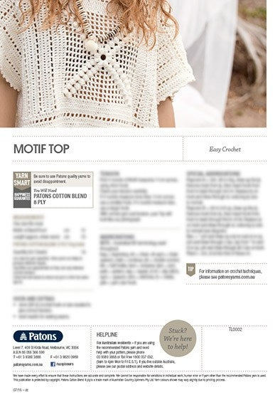 A magazine page featuring a woman wearing a crocheted motif top. The top is white with square patterns and a textured design. Text on the page includes the title 'Motif Top,' indicates it's an 'Easy Crochet' project, and lists yarn details. A section offers crochet tips and company contact information at the bottom.