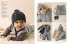 Adorable baby wearing a knitted gray outfit and dark beanie, laying on a soft surface. Includes close-ups of the outfit and accompanying accessories. Cozy and warm tone.
