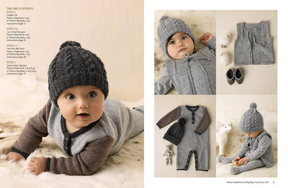 Adorable baby wearing a knitted gray outfit and dark beanie, laying on a soft surface. Includes close-ups of the outfit and accompanying accessories. Cozy and warm tone.