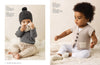 Two infants dressed in cozy knitted outfits sitting on a fluffy rug. Left: Baby in a gray hat and beige pants, sucking fingers. Right: Baby in a beige vest with buttons, white pants, and knitted shoes, looking curious.