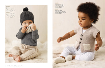 Two infants dressed in cozy knitted outfits sitting on a fluffy rug. Left: Baby in a gray hat and beige pants, sucking fingers. Right: Baby in a beige vest with buttons, white pants, and knitted shoes, looking curious.