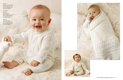 A cheerful baby in a white knitted romper holds a toy, sitting on a soft fur rug. Nearby, another baby is wrapped in a textured white knitted blanket. A small image shows a baby in a white knitted hoodie, seated on a similar rug. The scene conveys warmth and coziness.