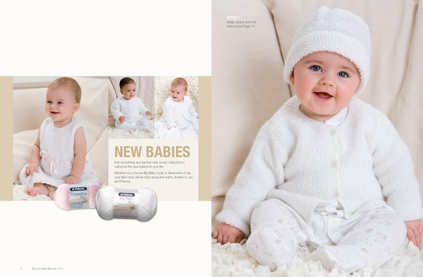 Baby photo spread in a magazine, featuring smiling infants in soft, white knit outfits. Text highlights a collection for new babies. Cozy and joyful tone.