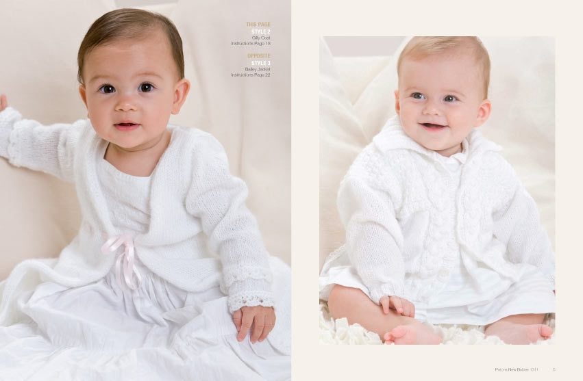 Two babies wearing cozy white knit cardigans. The left baby sits on a white surface with a pink bow, while the right baby smiles sitting on a soft blanket.