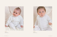Two babies in white knitted outfits sit on a soft surface. The left baby smiles gently, while the right baby looks surprised. The atmosphere is cozy and warm.