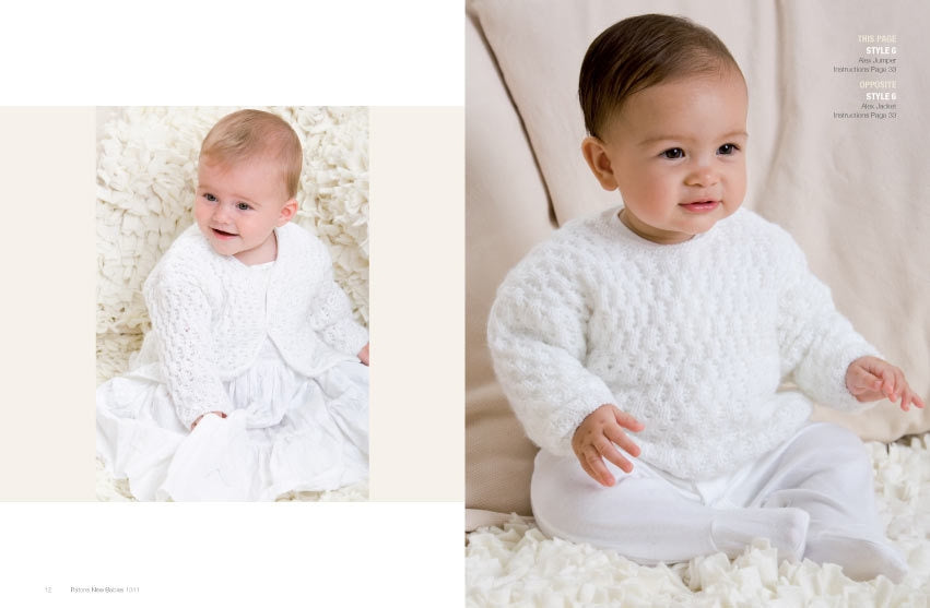 Two infants wearing white knitted outfits are seated on a soft, white background. They appear happy and content, adding a cozy, serene tone.