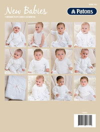 Grid of photos featuring babies in white knit outfits on a tan background, labeled "New Babies" and "Patons." Each baby poses differently, showcasing the clothing.