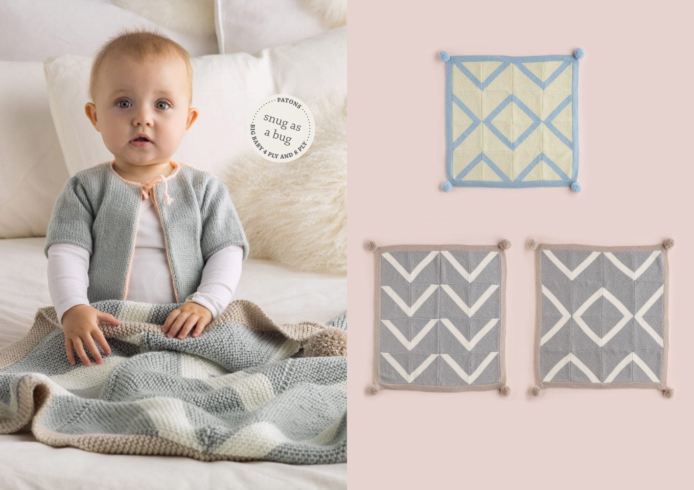 A baby wearing a light cardigan sits on a bed with a knitted blanket, conveying warmth and coziness. Next to the baby, three geometric knit squares are displayed.