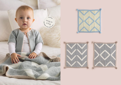 A baby wearing a light cardigan sits on a bed with a knitted blanket, conveying warmth and coziness. Next to the baby, three geometric knit squares are displayed.