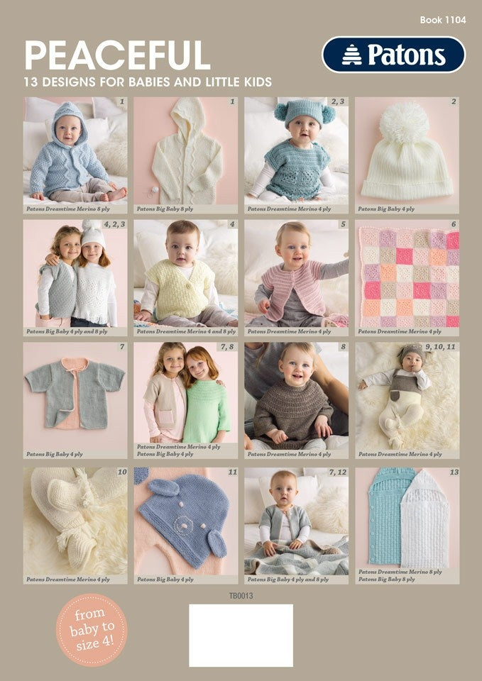 A catalog cover titled "Peaceful: 13 Designs for Babies and Little Kids" by Patons. Features various knitted outfits and accessories for children, such as cardigans, hats, and blankets, displayed in a grid. Models include babies and young children, conveying a cozy, gentle tone. Soft, pastel colors dominate, adding to the serene feel.