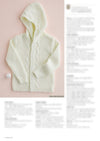 Cream-colored knitted baby cardigan with hood, zigzag pattern on the button strip, and white buttons. Yarn ball on the side. Warm, cozy feel.