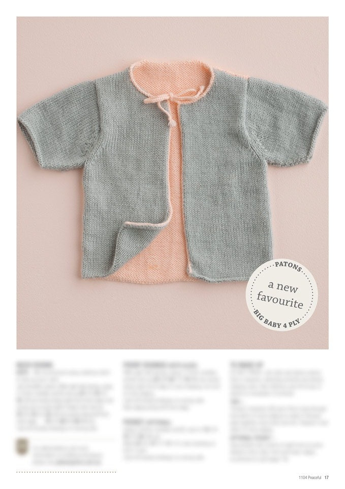 A soft, pastel pink and gray knitted baby sweater with short sleeves is displayed on a pink background. "Patons: A New Favourite" is noted in the corner.