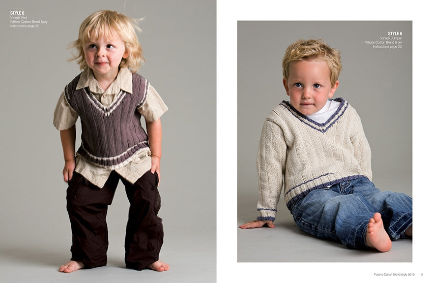 Two young children showcase knitwear. On the left, a child with a beige shirt and brown sweater vest stands smiling. On the right, a child in a cream sweater with blue accents sits barefoot in jeans. Both appear playful and cheerful.
