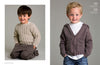 Two young children are featured in separate images. The child on the left wears a beige knit sweater and brown pants, kneeling with a cheerful smile. The child on the right sports a gray hooded cardigan over a white shirt and jeans, standing with a friendly expression. Both have a neutral background, highlighting their clothing.