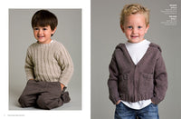 Two young children are featured in separate images. The child on the left wears a beige knit sweater and brown pants, kneeling with a cheerful smile. The child on the right sports a gray hooded cardigan over a white shirt and jeans, standing with a friendly expression. Both have a neutral background, highlighting their clothing.