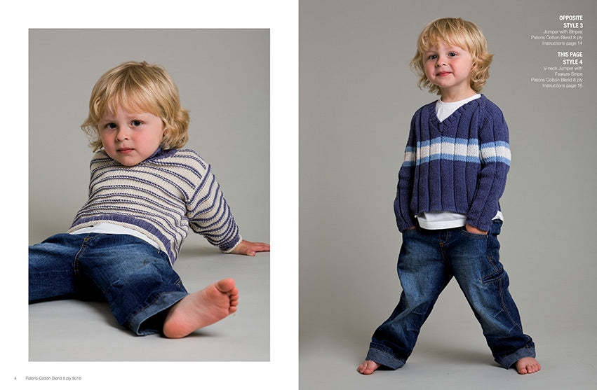 Two images of a young child with blonde hair wearing casual outfits. Left: Striped sweater, jeans, sitting relaxed. Right: Blue sweater, jeans, standing confidently.