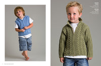 Two young boys in casual outfits. Left: wearing a blue knit vest, white t-shirt, and cargo shorts. Right: in a green knitted zip-up sweater and jeans. Both stand against a neutral background, looking at the camera with a neutral expression.