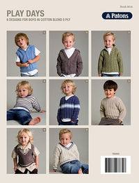 A knitting pattern cover featuring nine images of young boys modeling different knitted garments. The designs include vests, sweaters, and cardigans in various colors such as blue, gray, green, and striped patterns. Each boy is smiling, wearing casual outfits underneath, against a plain gray background. The text reads 'Play Days, 6 Designs for Boys in Cotton Blend 8 Ply' with the Patons logo at the top.