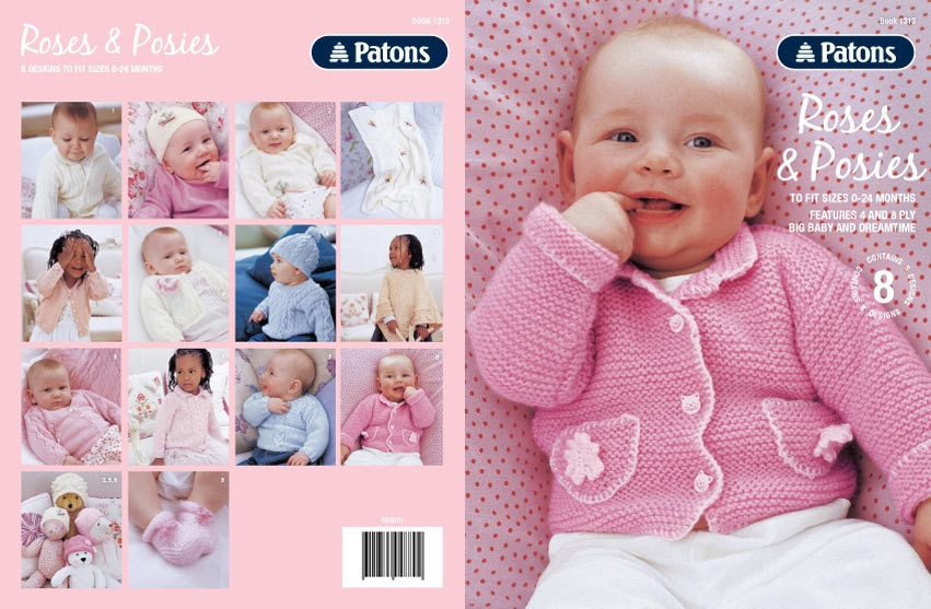 Smiling baby in a pink knitted cardigan on a dotted background, alongside smaller images of babies in various knitwear. The cover reads "Patons Roses & Posies."