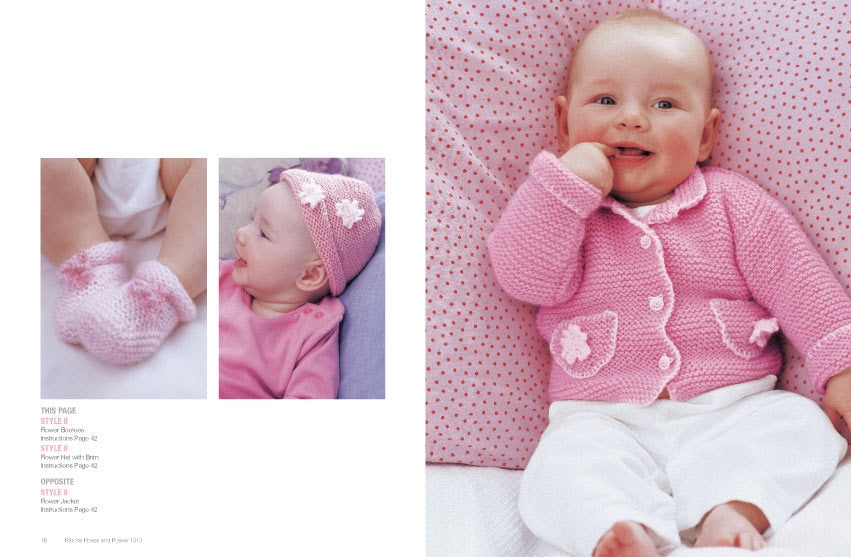 A baby wearing a pink knit cardigan and white pants lies on a pink polka-dot cushion, smiling. Nearby are pink booties and a matching hat.