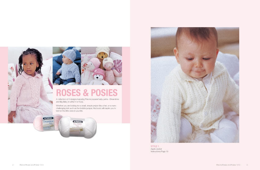 A baby in a cozy white knitted sweater sits on a pastel blanket, smiling warmly. Nearby, a toddler in a pink sweater stands, surrounded by soft toys. Text reads "Roses & Posies" with yarn displayed, conveying a soft, comforting vibe.