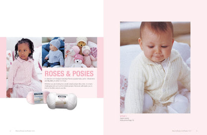 A baby in a cozy white knitted sweater sits on a pastel blanket, smiling warmly. Nearby, a toddler in a pink sweater stands, surrounded by soft toys. Text reads "Roses & Posies" with yarn displayed, conveying a soft, comforting vibe.