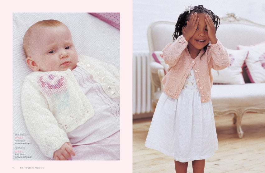 On the left, a baby in a white knitted sweater with a pastel pattern lies on a cushion, appearing calm. On the right, a smiling child in a pink cardigan and white dress plays peekaboo, standing in a bright room with soft furnishings. The scene conveys warmth and joy.